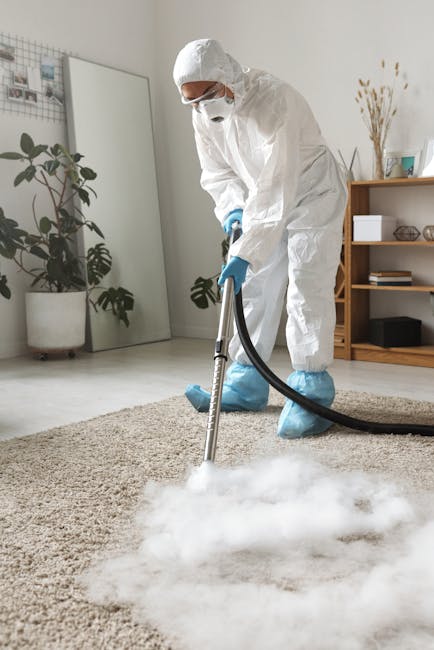 Close-up of a wet vacuum cleaner with a transparent dust container filled with water and debris, connected to a flexible hose that extends towards a flat cleaning head on a pinkish-beige carpeted floo